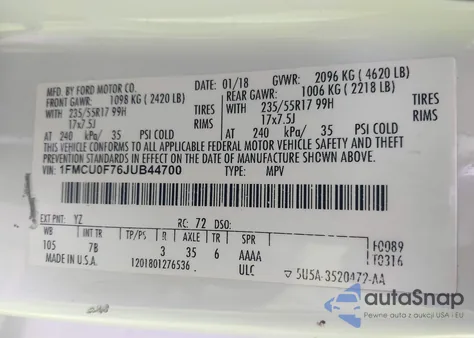 2018 Ford Escape S из США, поврежденный, VIN 1FMCU0F76JUB44700